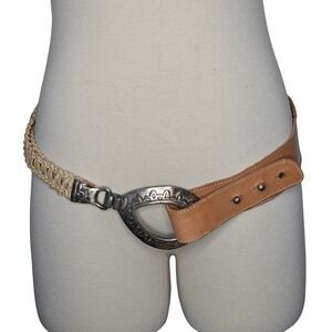 Leatherock Genuine Leather Braided Belt Silver Oval Buckle Boho Western Size 36